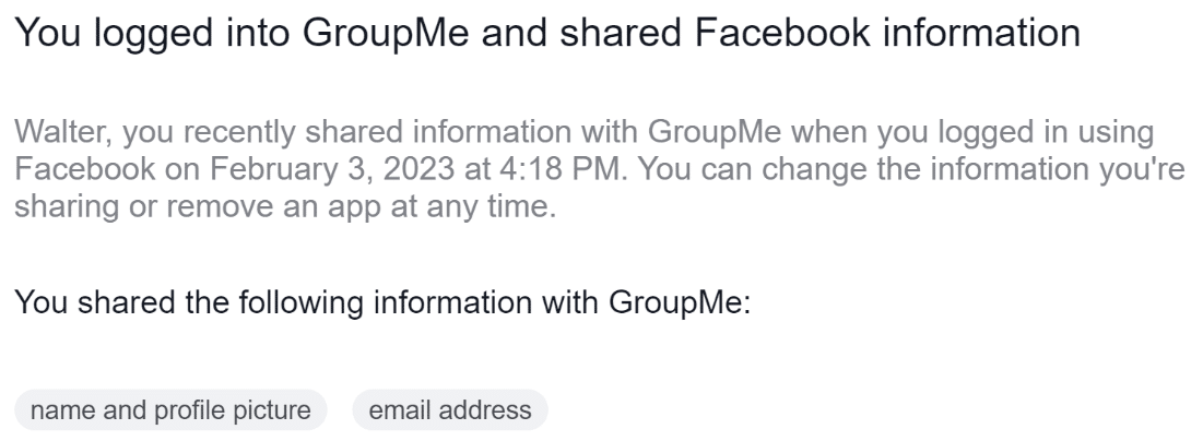 重要な日時情報を含む Facebook から送られた GroupMe のメールの画像