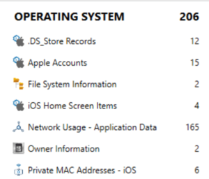 テストデバイスの論理抽出データに含まれる OS 関連アーティファクト総数 (206件) を示す画面写真