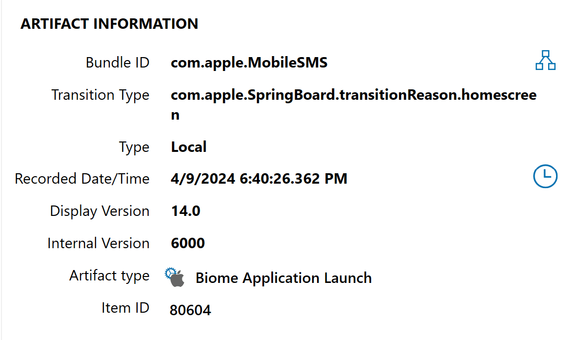 Biome のアプリケーション実行履歴に関するアーティファクト情報の画面写真